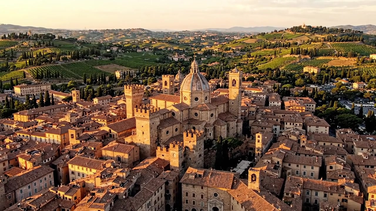 Vedute aeree di una storica città europea al tramonto: architettura affascinante, dolci colline lussureggianti e un'atmosfera serena in un paesaggio pittoresco.