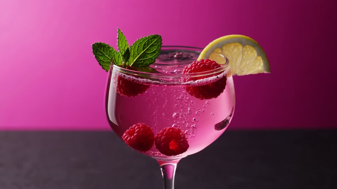 Refreshing Pink Raspberry Cocktail with Lemon and Mint Garnish