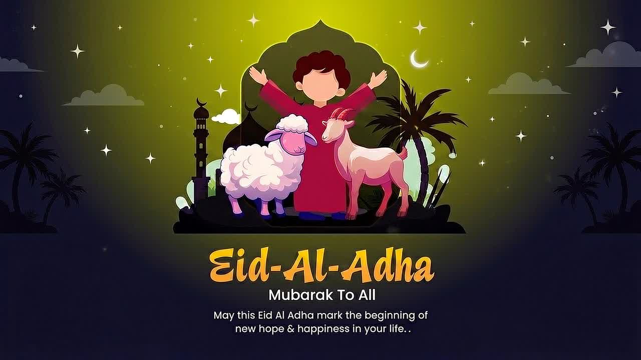 Bambino che celebra l'Eid al-Adha con pecora e capra vicino alla silhouette di una moschea sotto un cielo luminoso con luna crescente