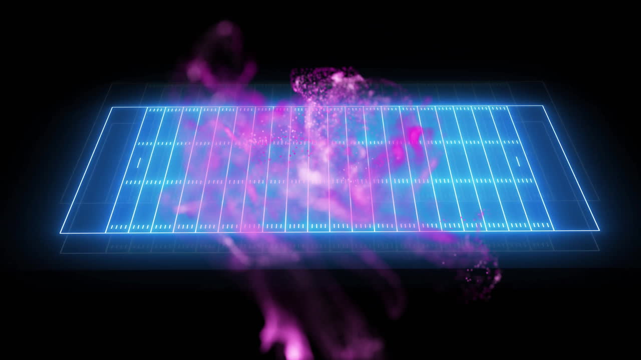 Football field with yard lines and purple particles animation