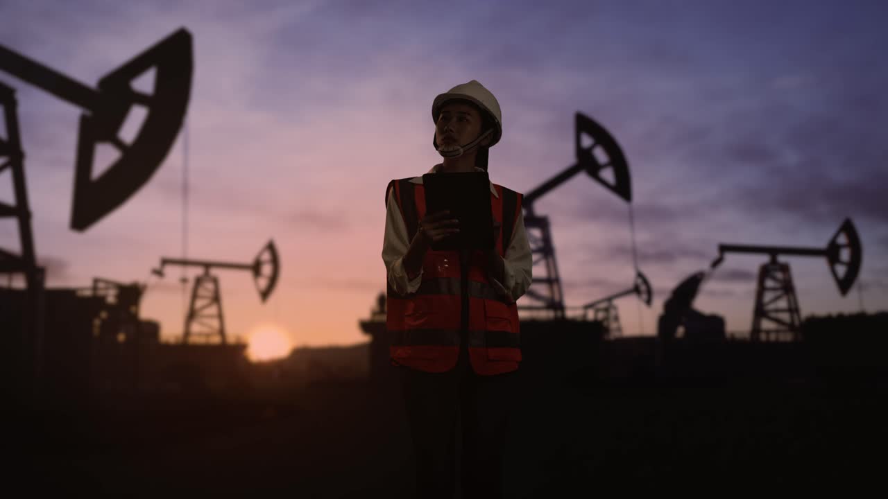 ingeniera asiática con casco de seguridad trabajando en una tableta y mirando a su alrededor inspecciona bombas de petróleo al amanecer en un gran campo petrolífero