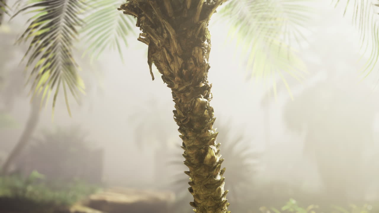 Palm tree stands tall in a misty tropical landscape during sunrise