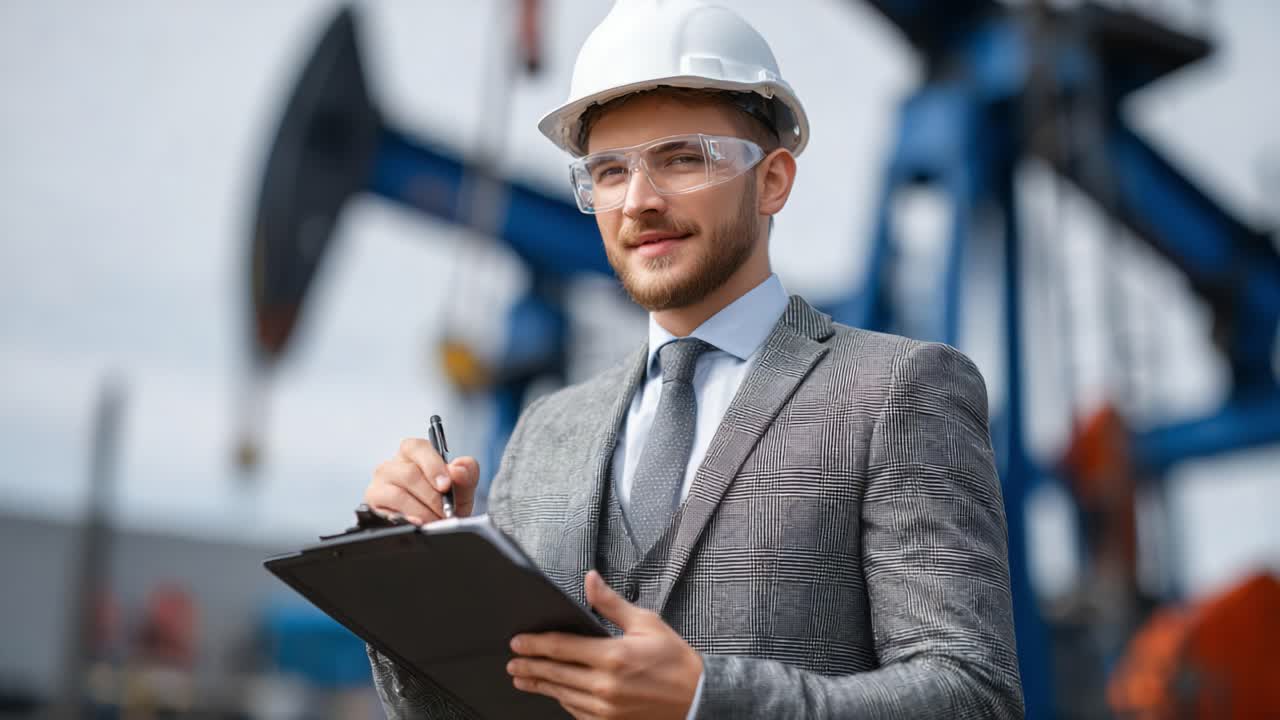 Confident Professional in Safety Gear Evaluates Oil Field Operations While Taking Notes on a Clip Board with Industrial Equipment in the Background