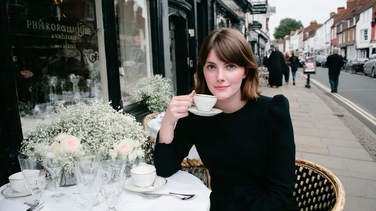 A Charming Café Moment: An Elegant Woman Sips Tea at a Quaint Outdoor Table Surrounded by Beautiful Floral Arrangements in the Heart of a Picturesque Town