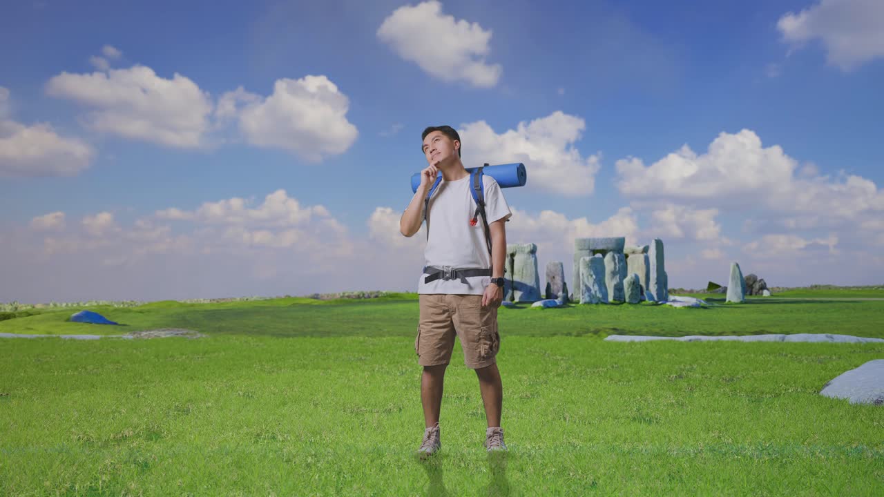 Full Body Of Asian Male Hiker With Mountaineering Backpack Thinking About Something And Looking Around Then Raising His Index Finger While Traveling In Stonehenge