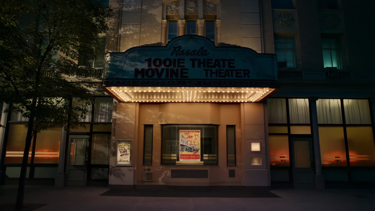 A vintage movie theater with an illuminated marquee at dusk