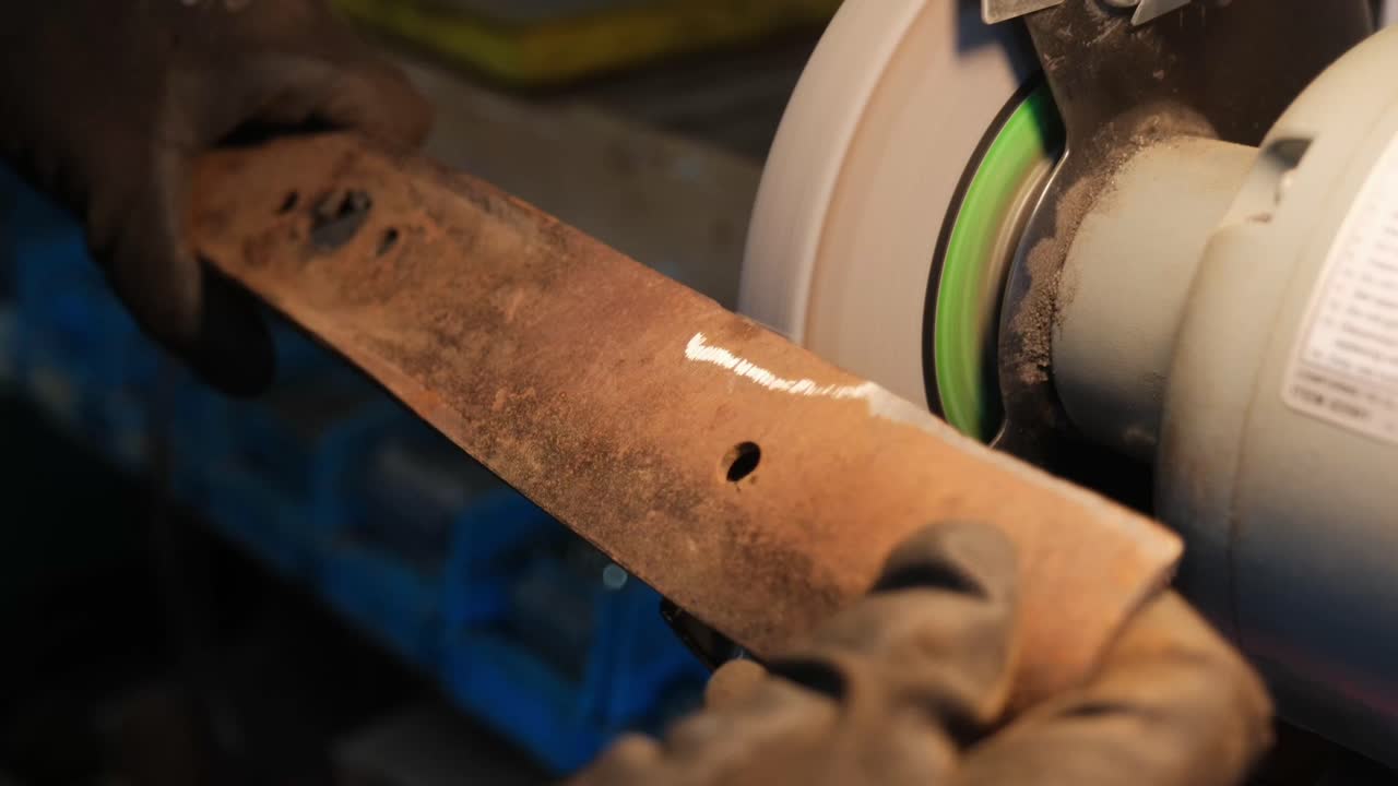 A detailed slow-motion close-up shows a steel lawn mower blade being sharpened on a bench grinder. These intense sparks are ideal for hardware commercials, tool maintenance guides, and industrial ads