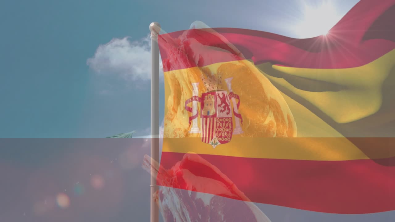 Spansk flag vises semi-transparent og vajende, afslørende ost og krydderi til en produktdemonstration.