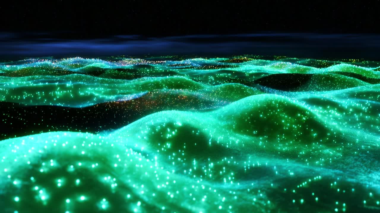 Mesmerizing Digital Landscape: A Stunning Visualization of Luminous Waves Intertwined with Softly Glowing Particles in a Mystical Night Sky, Evoking Wonder and Serenity