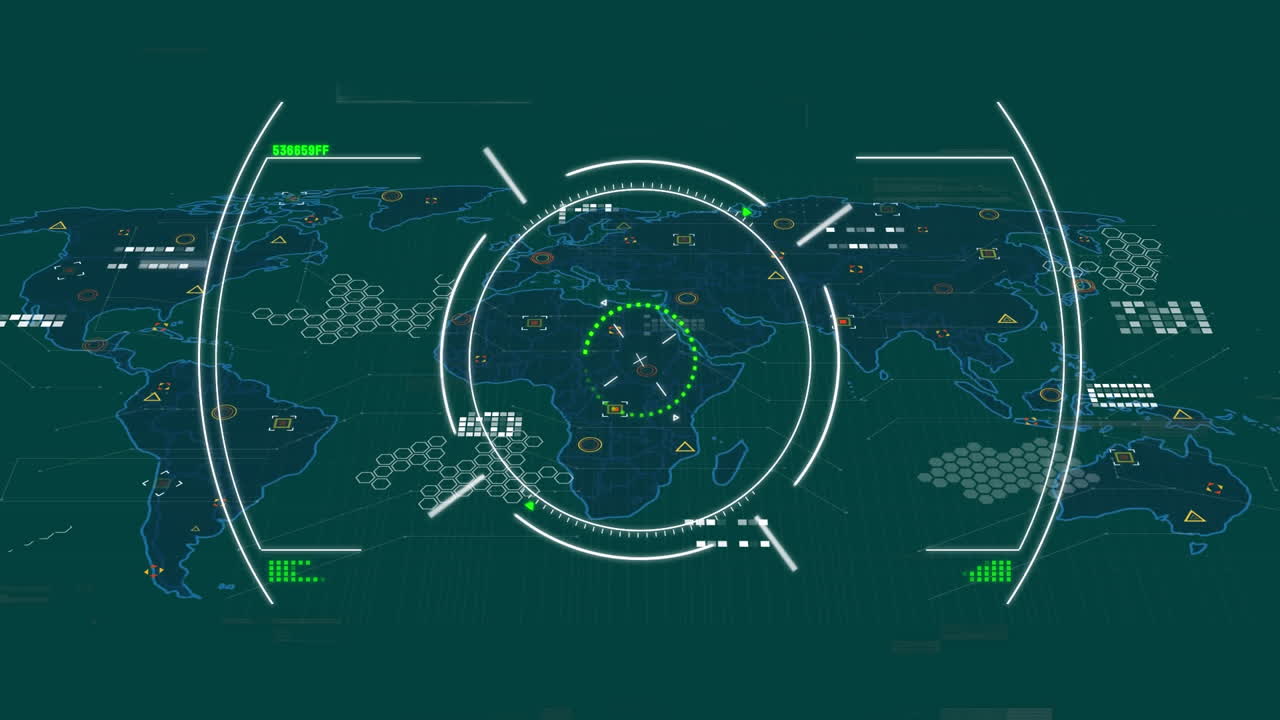추상적인 배경에 있는 육각형 패턴과 지도 위에 있는 글리치 기법과 원의 애니메이션