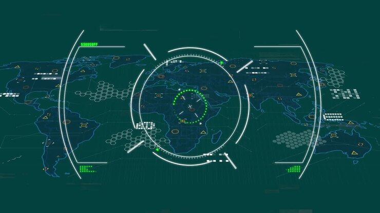 Animation of glitch technique and circles over hexagon patterns and map on abstract background