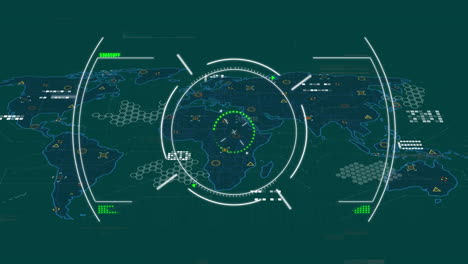 animación de la técnica de glitch y círculos sobre patrones hexagonales y mapa en fondo abstracto