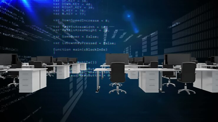 Digital composite of computer programming codes inside the office
