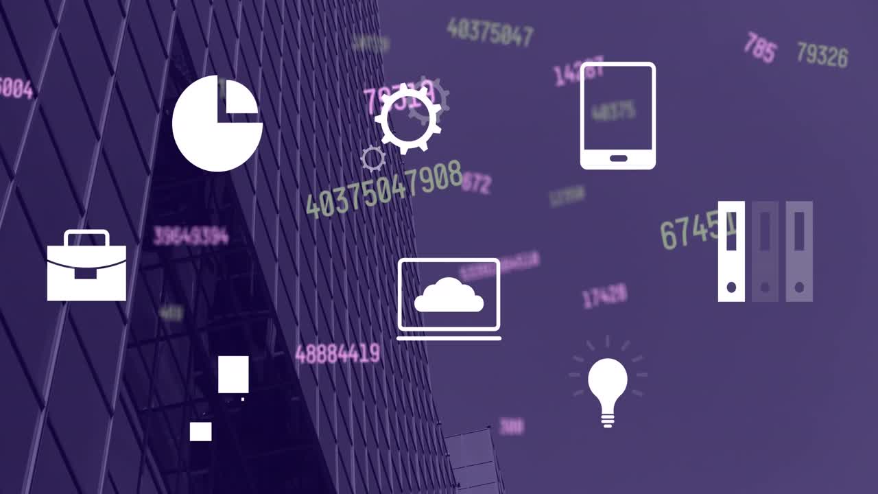 animación de números cambiantes e iconos digitales contra vista de ángulo bajo de un edificio alto