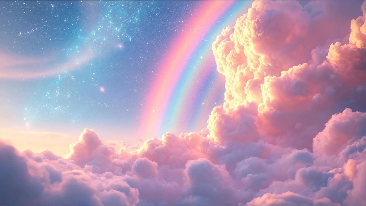 Dreamy Rainbow Over Soft Pink Clouds in Starry Sky