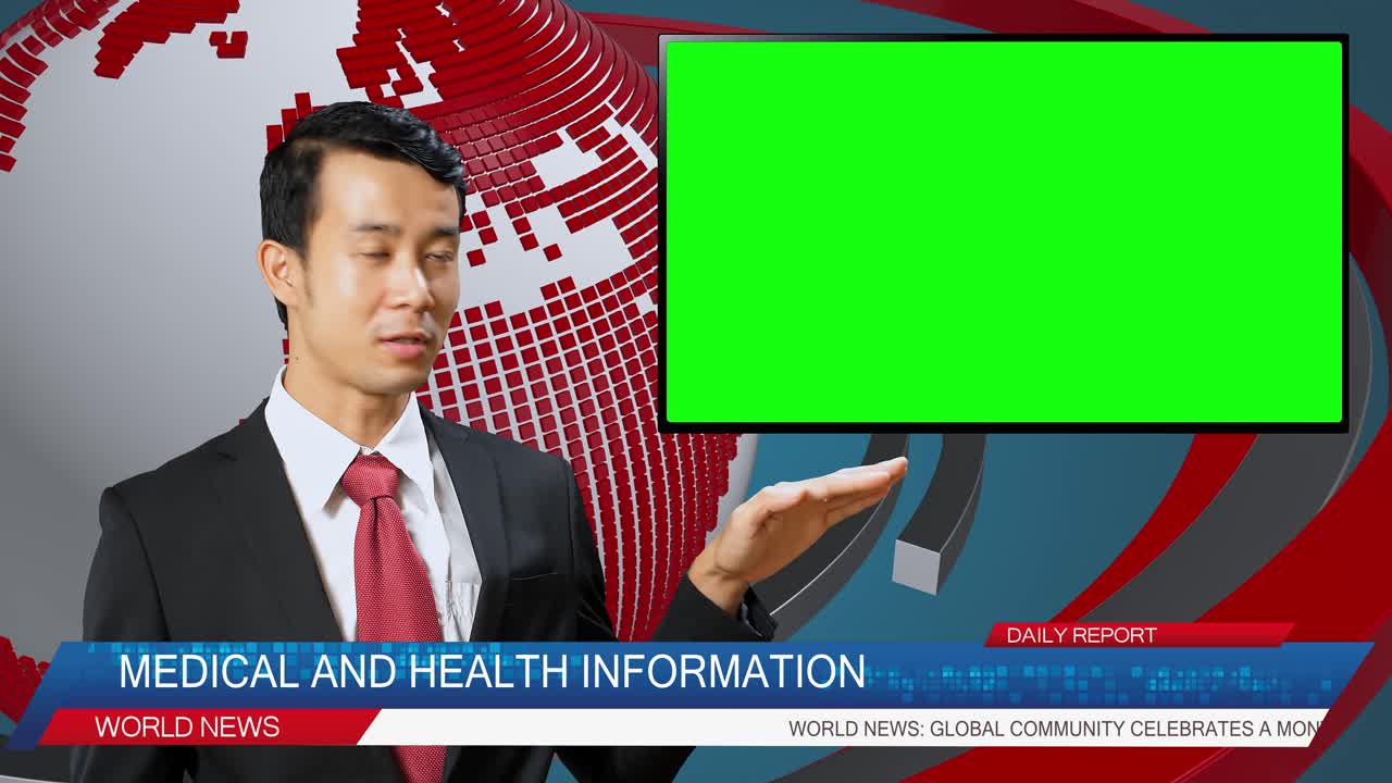 Live News Studio With Asian Male Anchor Reporting On Medical And Health, Video Story Show Green Chroma Key Screen Placeholder Copy Space.Television Newsroom Channel With Professional Presenter