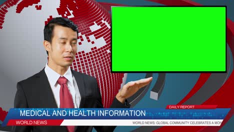 live news studio with asian male anchor reporting on medical and health, video story show green chroma key screen placeholder copy space.television newsroom channel with professional presenter
