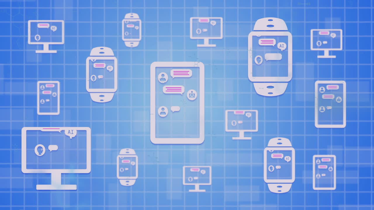 Animation of digital screens with ai chat on blue background