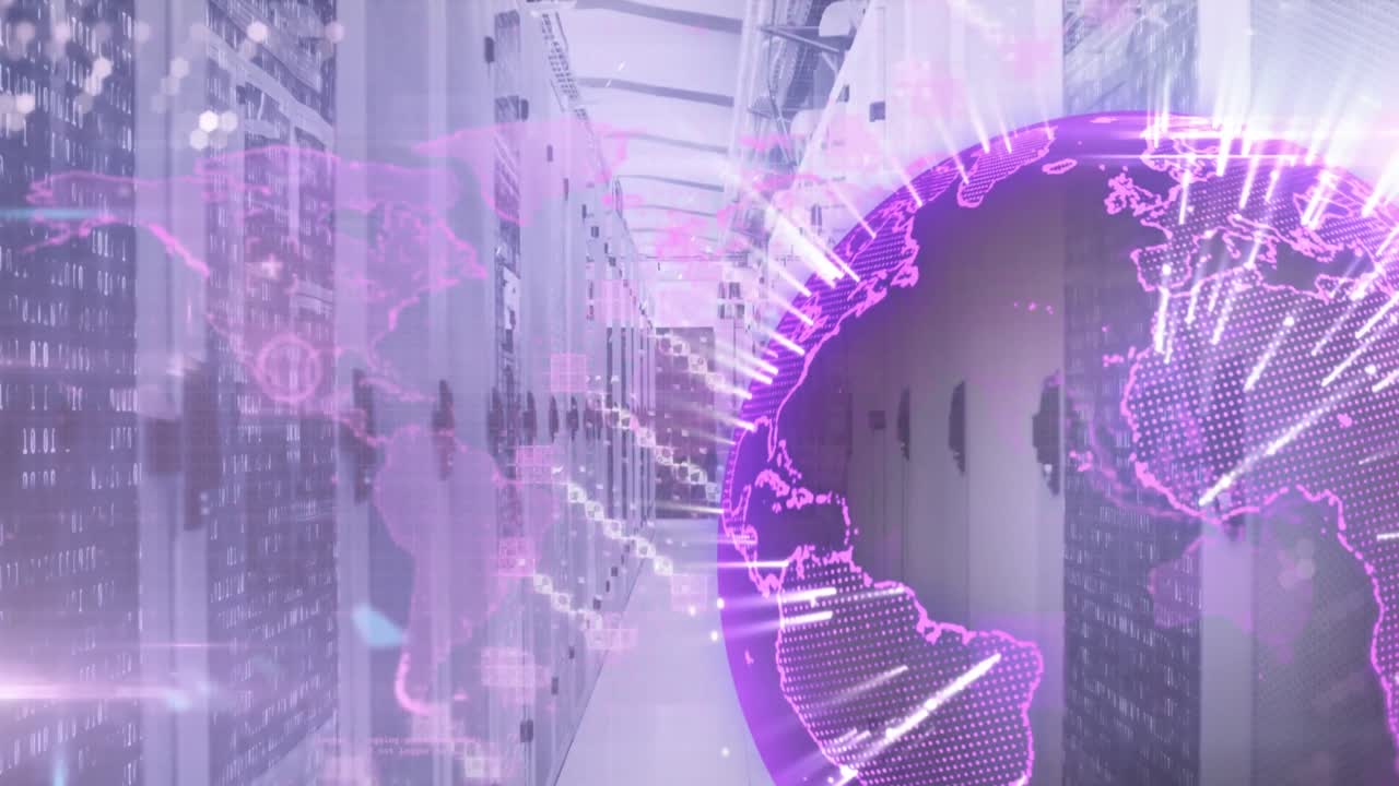 컴퓨터 서버 에 대한 회전하는 지구와 dna 구조의 애니메이션