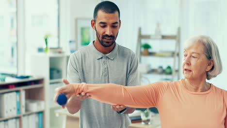 physiotherapy, weights and man with a senior woman