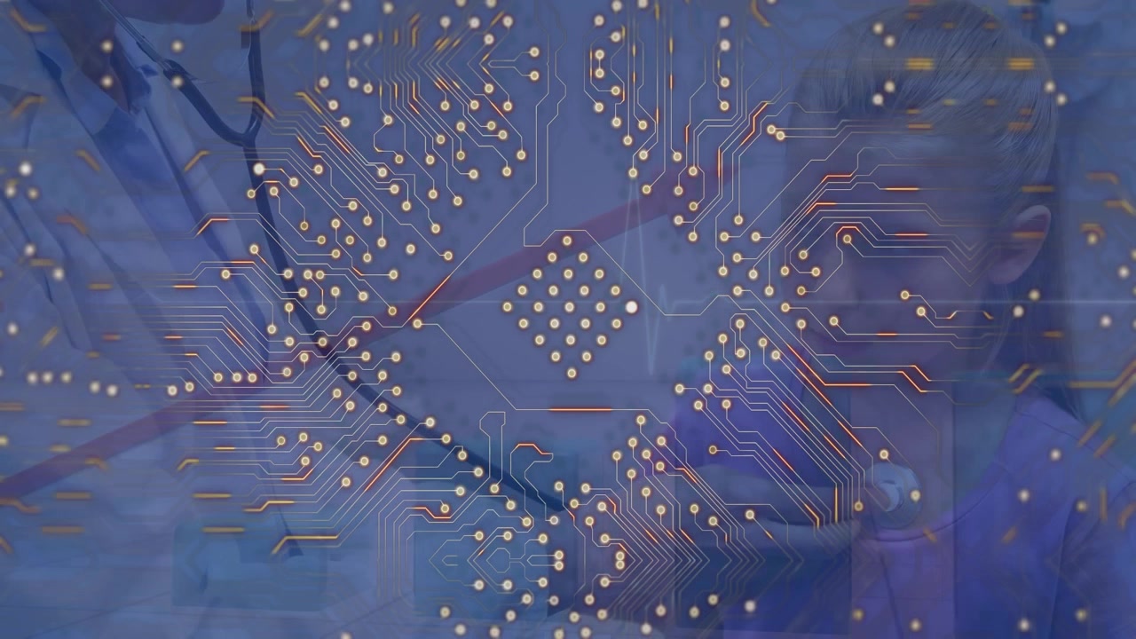 Animazione di elaborazione dati su un medico maschio caucasico che visita un paziente.