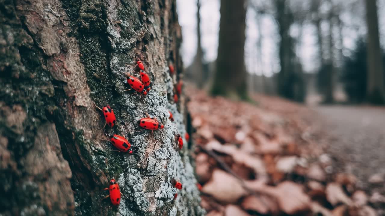 A Vibrant Cluster of Red Insects on Tree Bark Amidst a Serene Forest Backdrop, Capturing the Beauty of Nature's Small Wonders in a Tranquil Environment