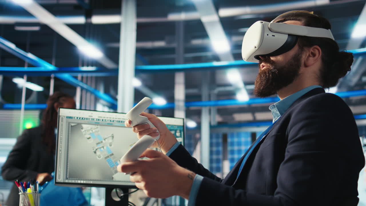 Photovoltaics factory worker using VR headset to monitor system performance