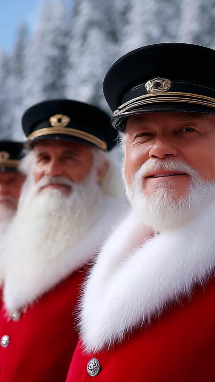 A festive gathering of jolly bearded men in red coats adorned with faux fur trim and black hats, set against a snowy backdrop, embodies the joyful spirit and camaraderie of the holiday season