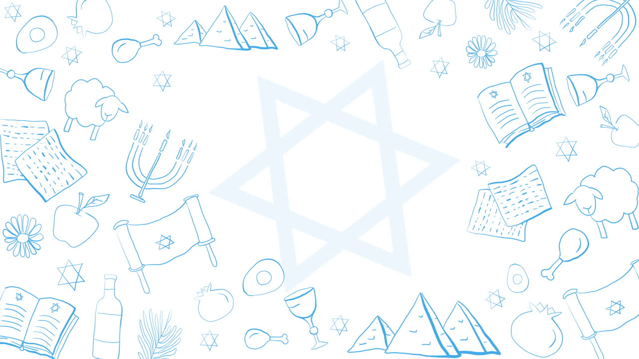 Frame with Passover holiday flat design blue thin line icons. Template with space for text on on white background. Loop animation.