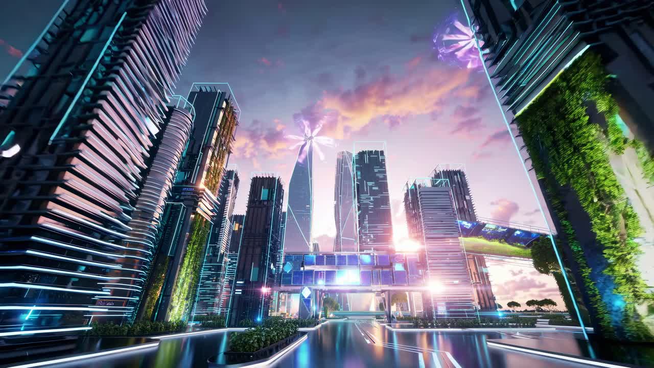 Futuristic cityscape at sunset with a low-angle view