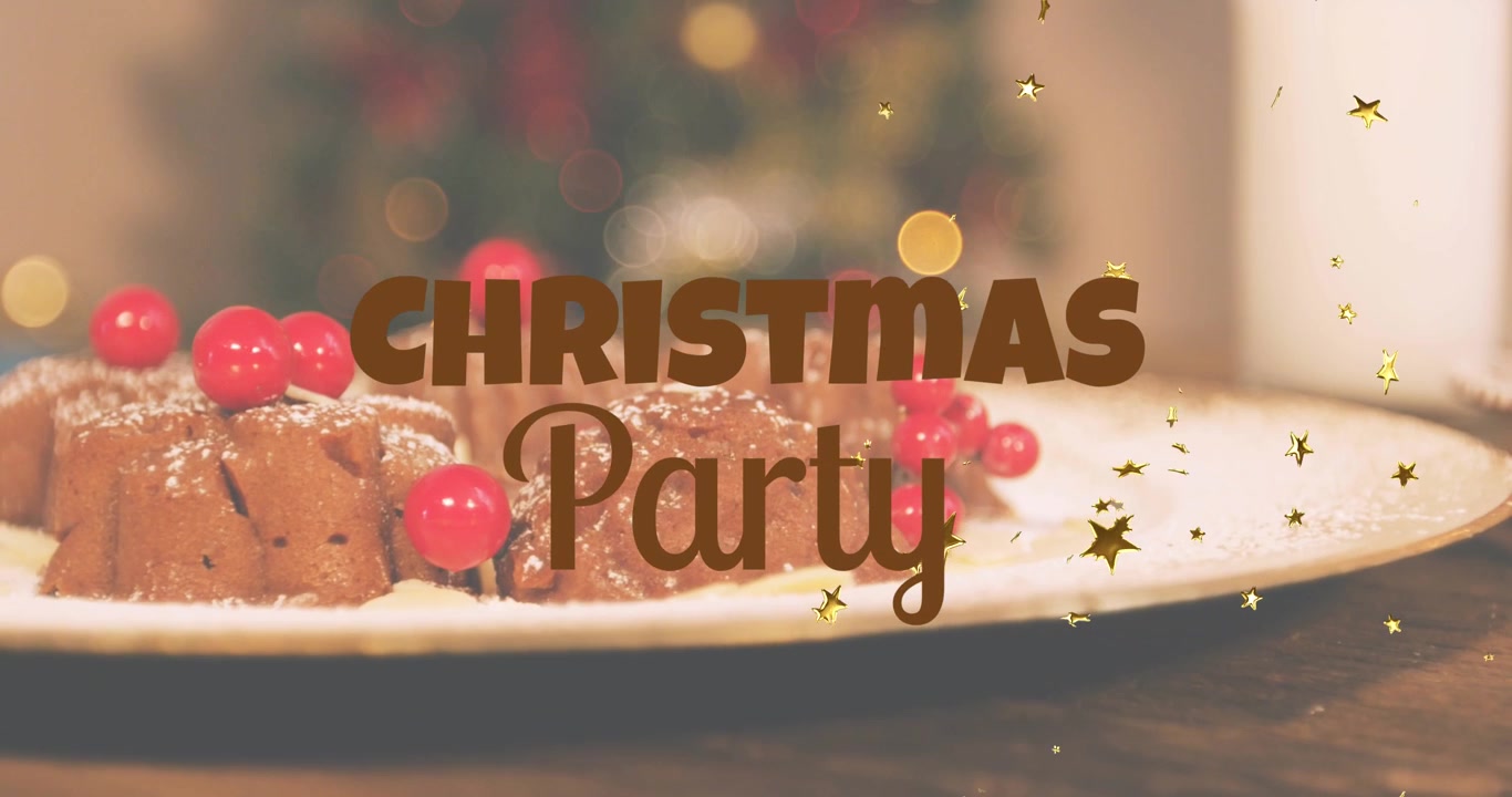 Animation af gyldne stjerner og et julefrokost-tekstbanner mod et nærbillede af en juledessert.