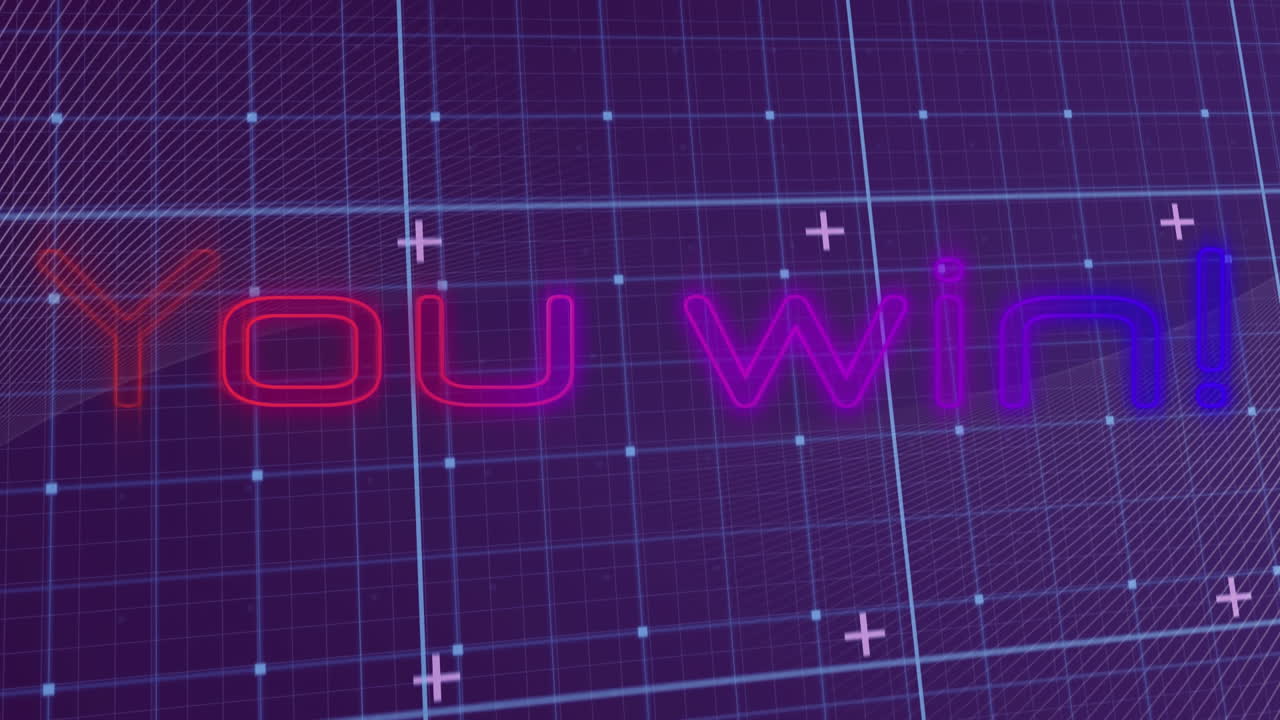 Animation of you win text in colourful neon, with parallel white line curves over digital grid