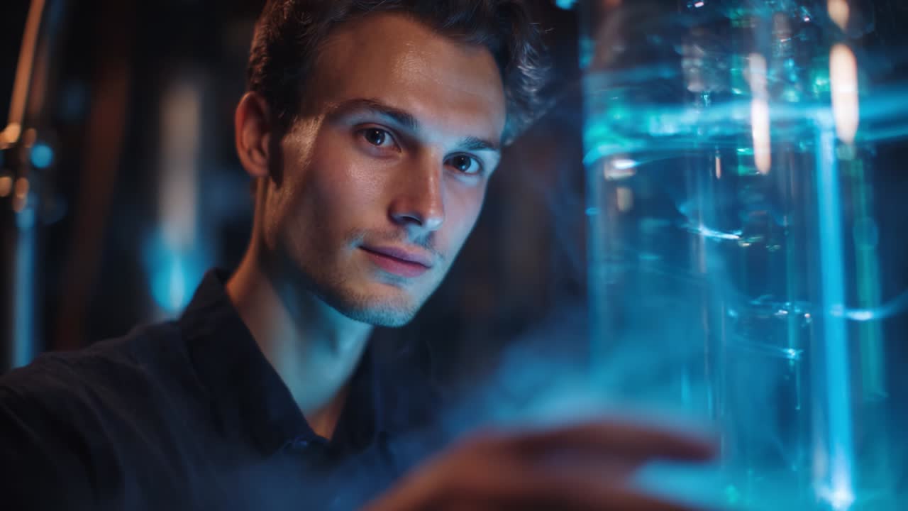 A Young Man Engaged in Scientific Exploration, Analyzing a Mysterious Fluid in a High-Tech Environment, Illuminated by Blue Light, Capturing the Essence of Innovation and Discovery in a Laboratory Setting