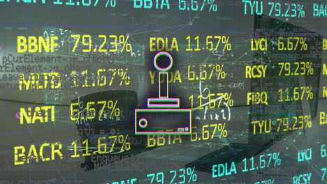 animación del procesamiento de datos y el icono de la oficina sobre el gamepad