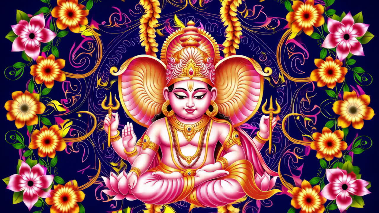 Vibrant Hindu Deity in Ornate Floral Setting