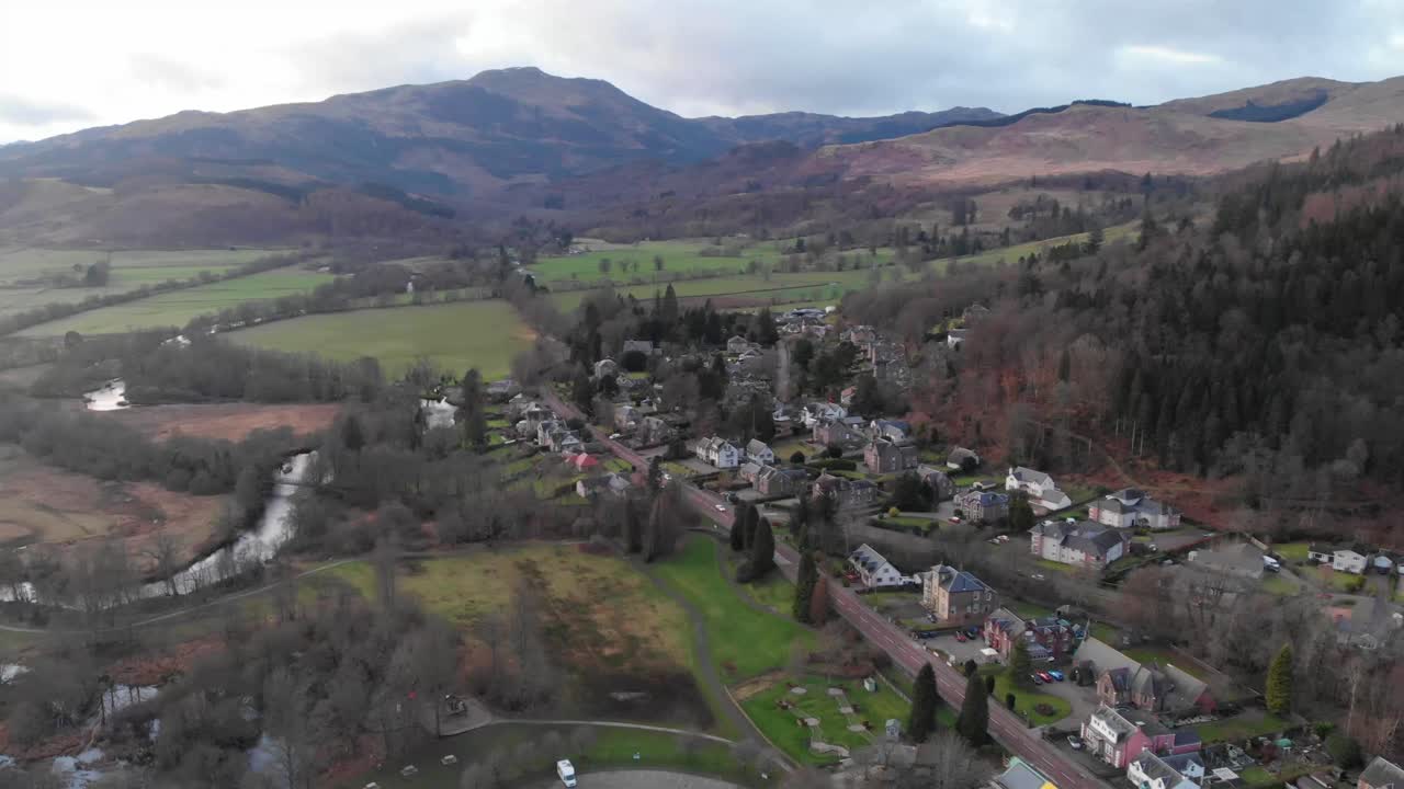 Drone footage. Panoramic view of Callander and river Teith. Scotland, Highlands