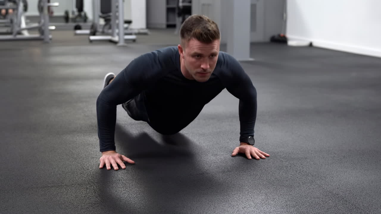 Uomo caucasico che fa flessioni in palestra, indossando una maglia a compressione scura e scarpe da ginnastica su pavimento in gomma, concentrato