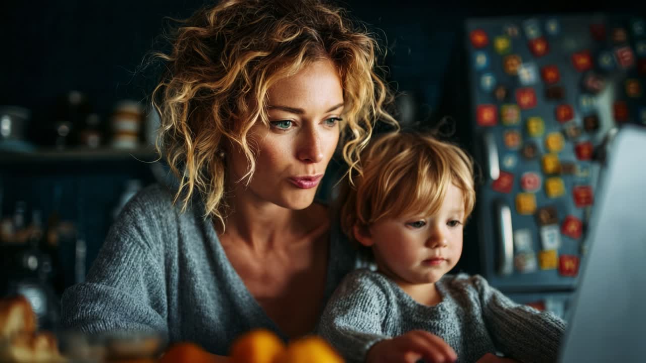 Eine liebevolle Mutter interagiert mit ihrem Kind, während sie einen Laptop benutzt. Dies unterstreicht einen warmen, innigen Moment, der die Bindung zwischen ihnen in einer gemütlichen Wohnumgebung zeigt.