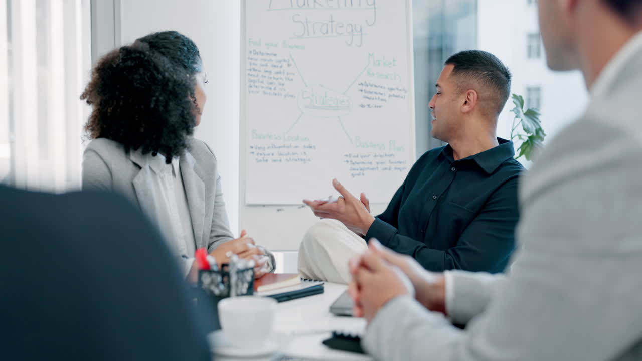 Workshop, meeting and happy man with business