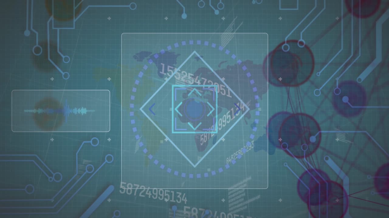 Animation of changing numbers and microprocessor connections over world map against blue background
