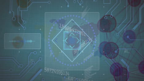 animación de números cambiantes y conexiones de microprocesador sobre el mapa del mundo contra fondo azul