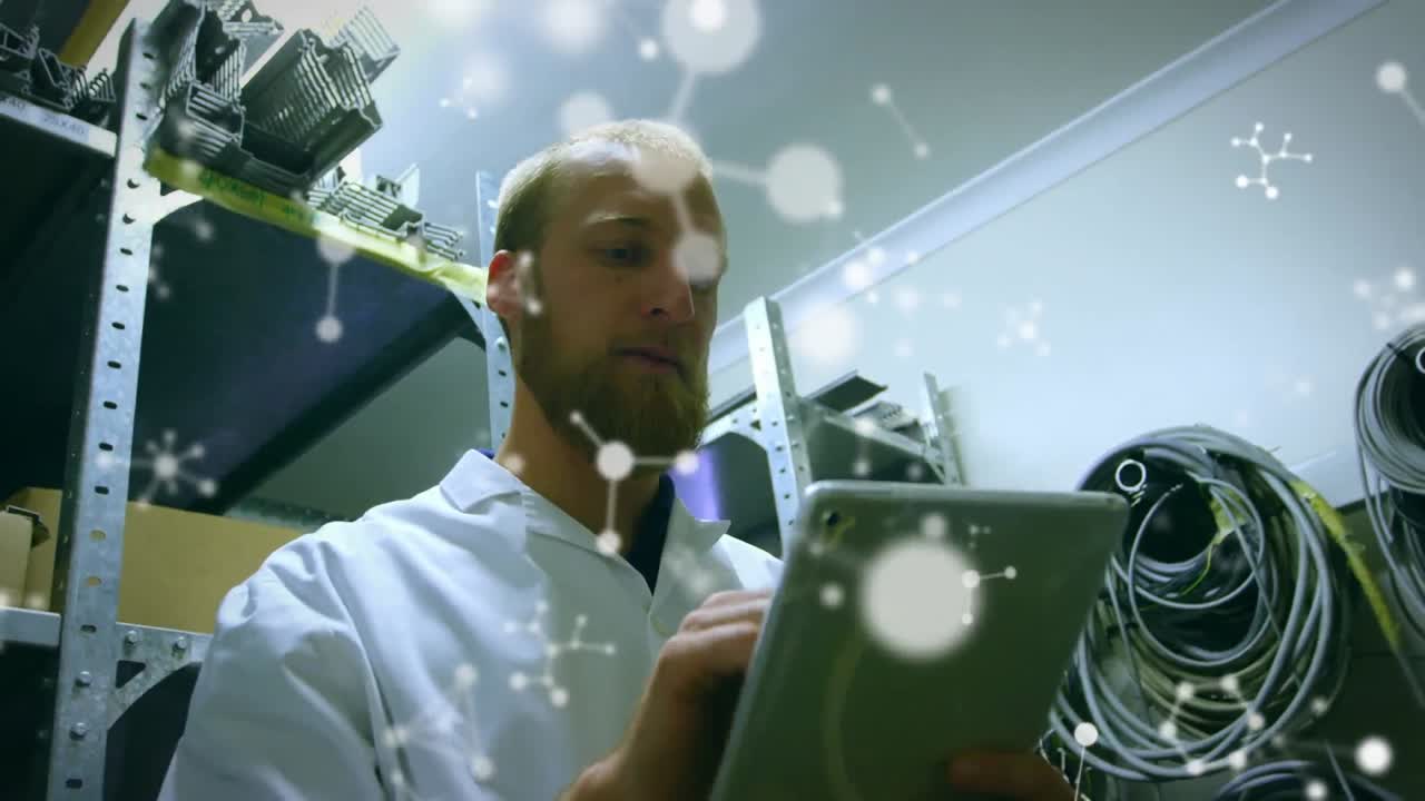 Animation of molecules floating and data processing over male scientist with tablet