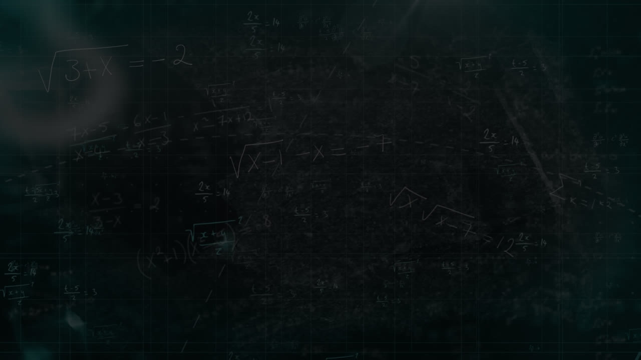 검은색 배경에 수학적 방정식에 대한 바 그래프 아이콘과 불꽃의 애니메이션