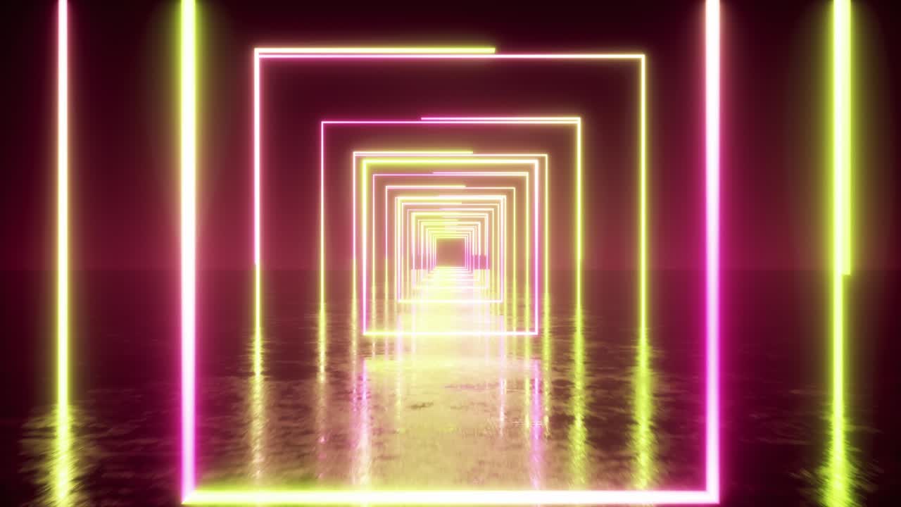 vuelo abstracto en el espacio a través de cuadrados de neón brillantes. espectro rosa amarillo, luz ultravioleta fluorescente. animación 3d de bucle sin costuras