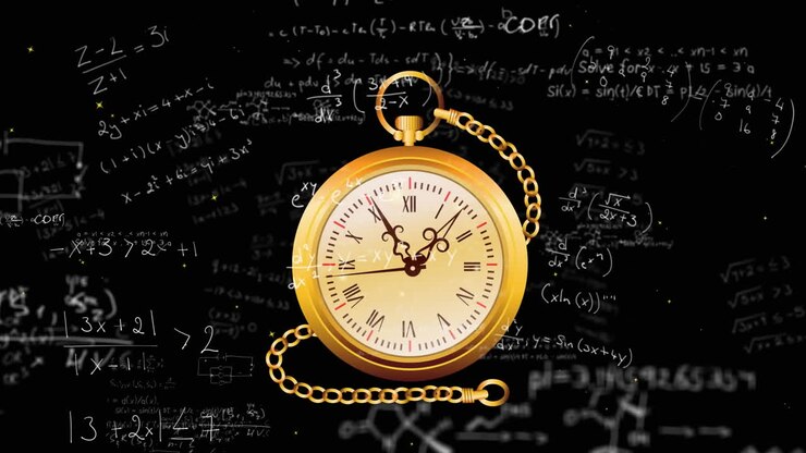 Animation of vintage clock over mathematical equations on black background