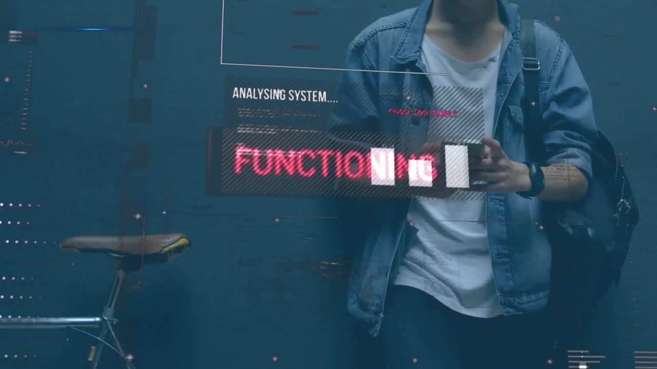 animación de gráficos, lenguaje informático sobre hombre biracial de pie al lado de la bicicleta y el uso de teléfono celular