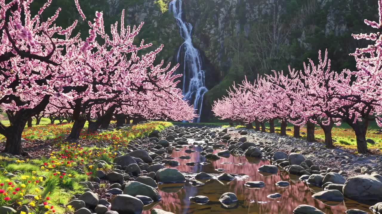 A serene landscape video with a low-angle view of blooming cherry trees lining a rocky stream