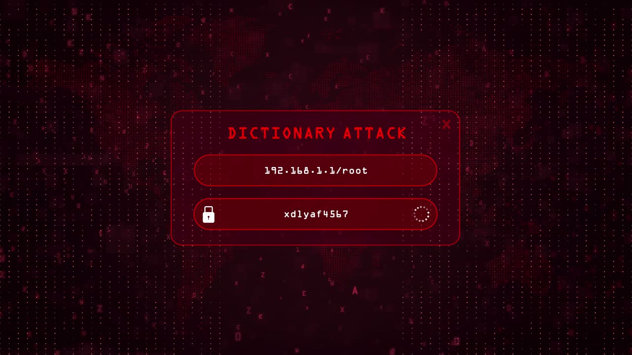 Dictionary Computer Hacking attack over red binary background with digital world map. Dictionary system password hacking concept