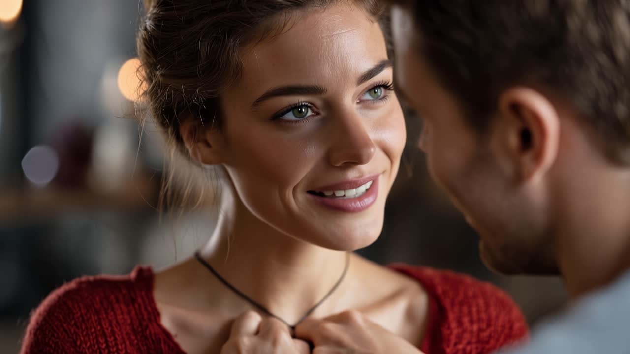 Woman smiles warmly at man. Man gently adjusts her necklace. Soft lighting highlights their intimate moment. Ideal for romantic or tender scenes. No animals or plants featured