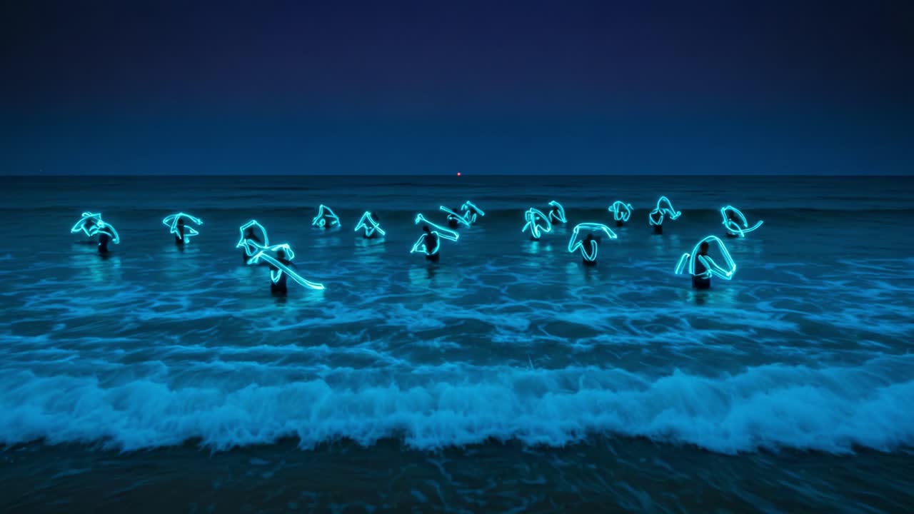 Illuminated Figures Dancing in Ocean Waves: A Captivating Display of Light and Movement Against the Serene Night Sky